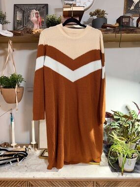 Glitz Chevron Knit Sweater Dress - Rust, Cream & White